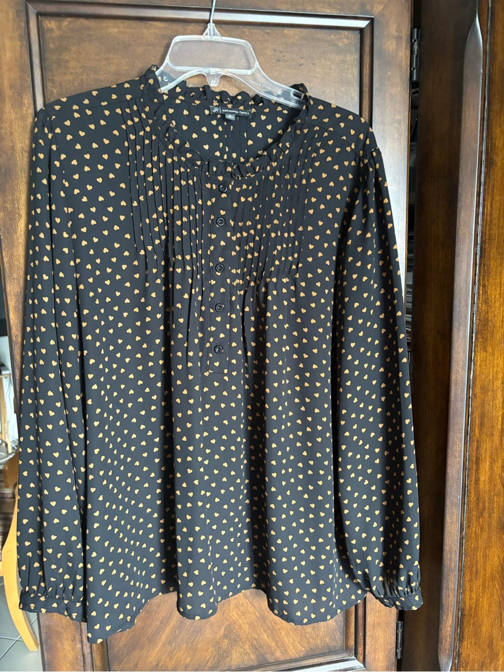 Adrianna Papell Black Blouse with Gold Heart Print